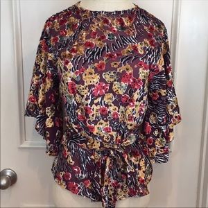 Topshop Semi Sheer Velvet Floral Bell Sleeve Top